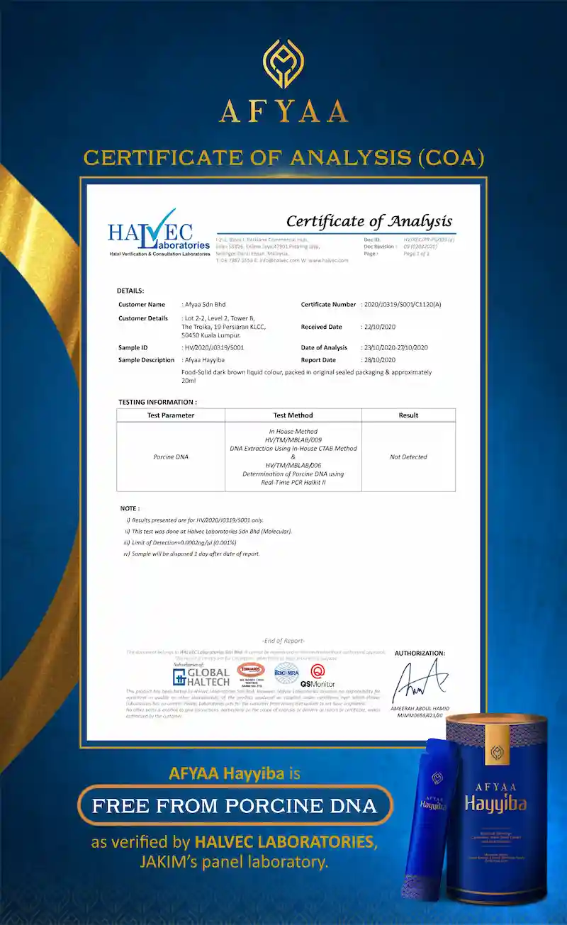 AFYAA Hayyiba Halvec Certificate of Analysis