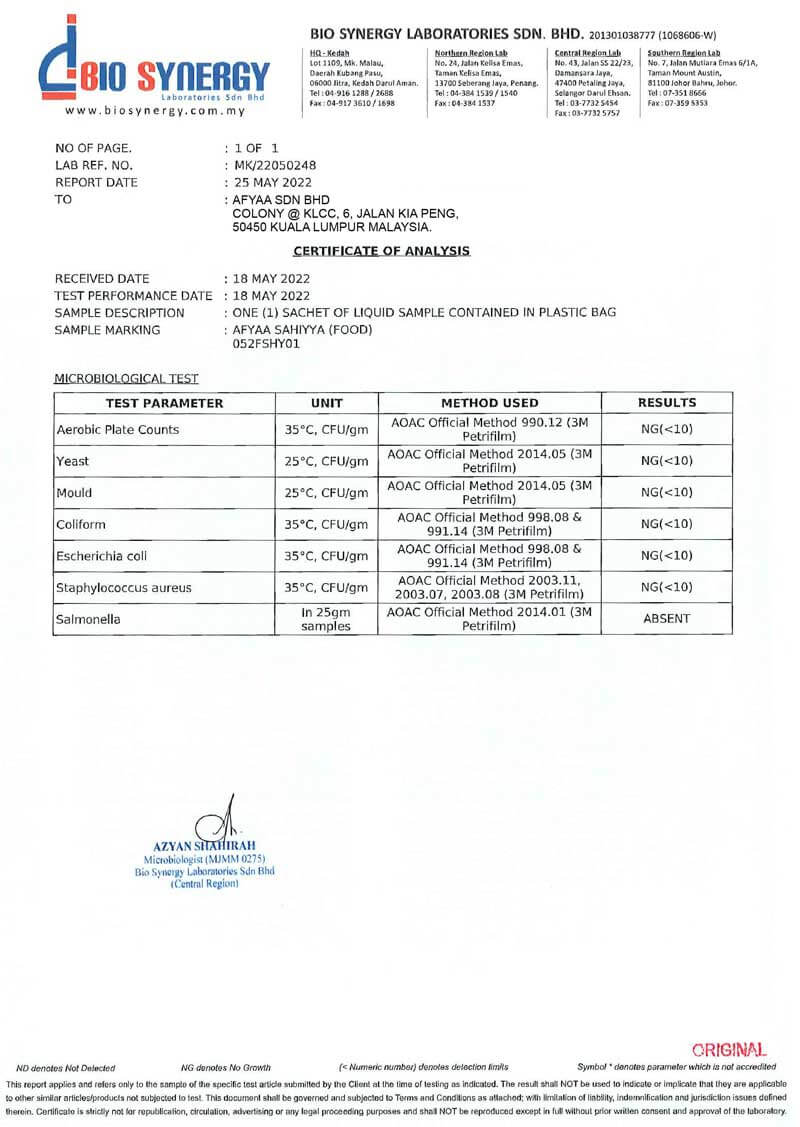 Laporan ujian mikrobiologi Bio Synergy AFYAA Sahiyya+