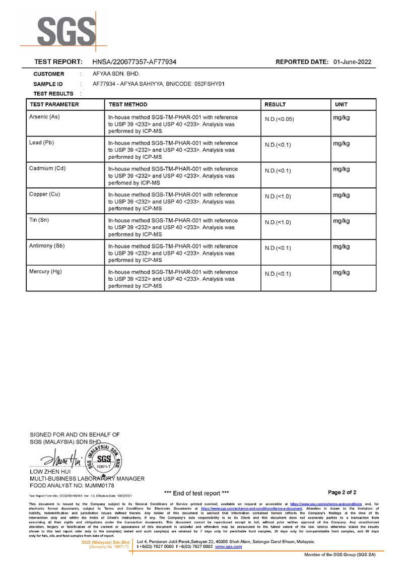 Laporan ujian SGS logam berat AFYAA Sahiyya+